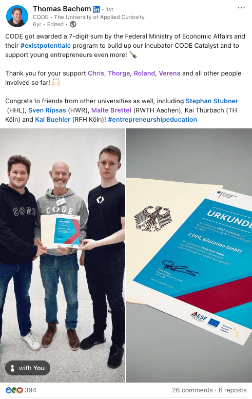 Thomas Bachem LinkedIn post about CODE University